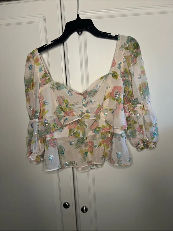 For Love & Lemons Paradis Floral Sequin Ruffle Blouse - Image 2