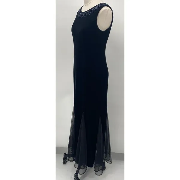 Vintage Y2k Velvet Gown Sleeveless Beaded Bateau Neck Mesh Godets Black Womens 4 - Image 6