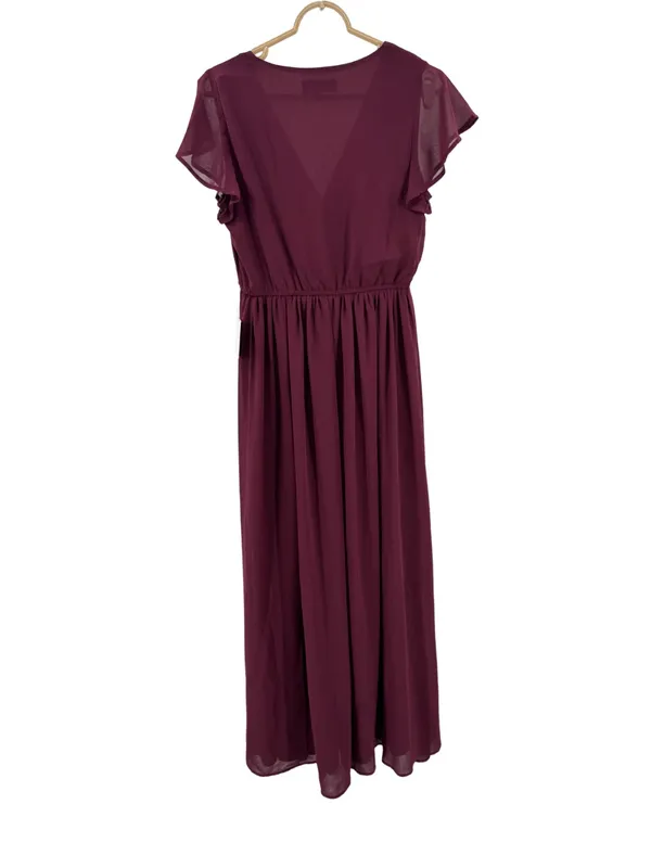 Lulus Lost in the Moment Burgundy Maxi Dress side slit S flutter sleeve bridesmaid - Image 3