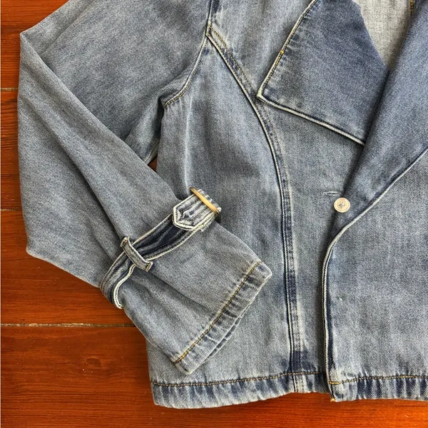 Habitual Wide Draped Lapel Denim Jacket Buckle Cuffs Medium Wash Sz M 💛🍄 - Image 8