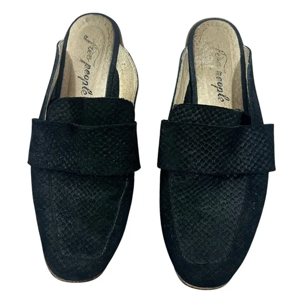 Free People At Ease Snakeskin Embossed Loafer Mules Black Boho Chic Size 37 - Image 3