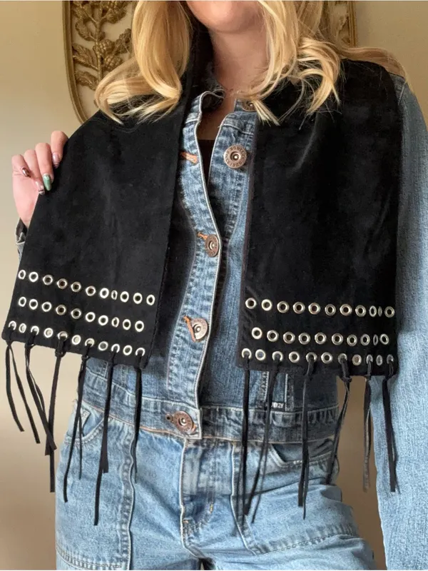 Black Suede Eyelet Fringe Scarf - Image 5