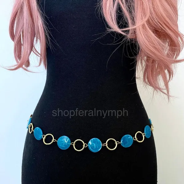 Gold Y2K Blue Marbled Disc Chain Belt, Fits 20.5-43 Inches, X7GA1270 - Image 4