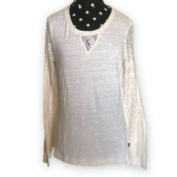 Prana Womens‎ Top Size Small Darla Cream Knit Lace Sleeves Inset Long - Image 2