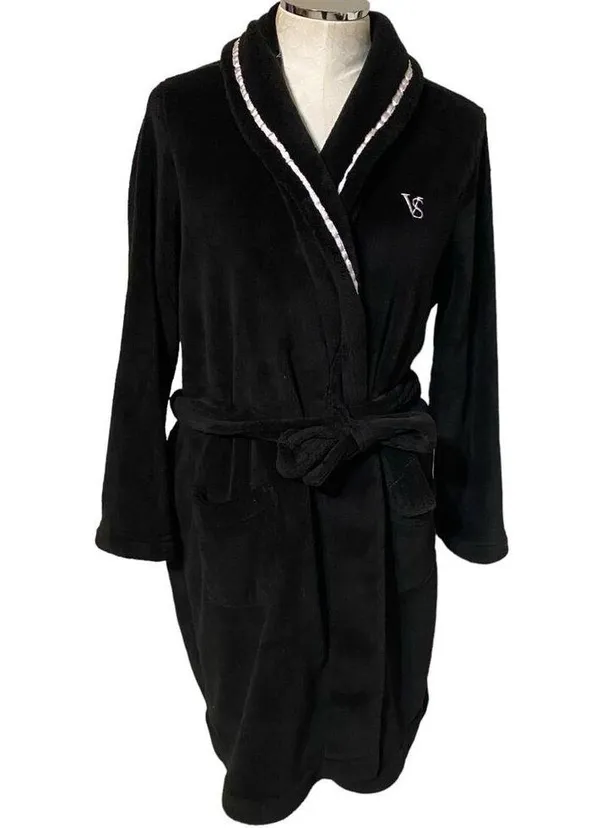 Victoria's Secret Women's Black Plush Hooded with Belt & Embroidered VS Logo M/L - Image 3