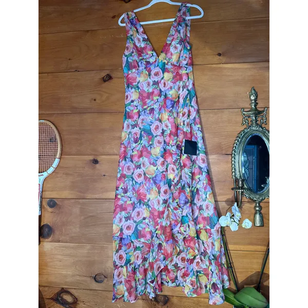 NWT Lulus Laraline Red Multi Floral Ruffled Cowl Back Maxi Dress Cruise Resort L - Image 4