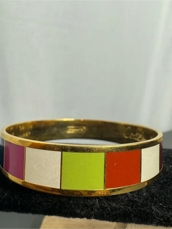 COACH Y2K Legacy Stripe Bangle 1/2" Wide Bracelet Gold Tone Multicolor 7.5" - Image 7