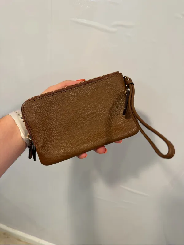 Coach Brown Pebbled Leather Zip Wristlet with Gold Logo - Image 5