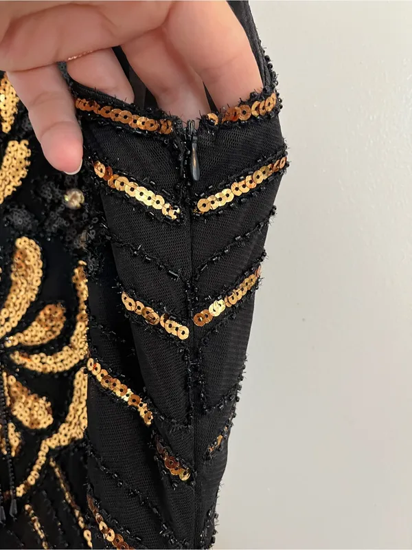 Babeyond Black & Gold Art Deco Fringe Cocktail Dress flapper costume sequins - Image 7