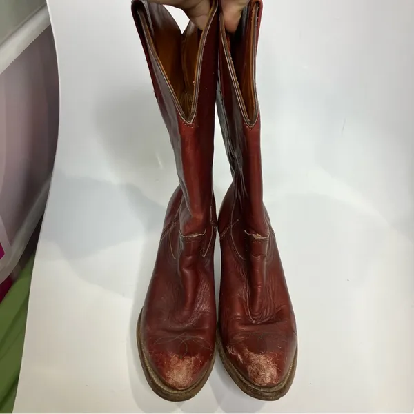 Vintage Frye red leather pull on‎ cowboy boots western women's size 6.5 boho - Image 2