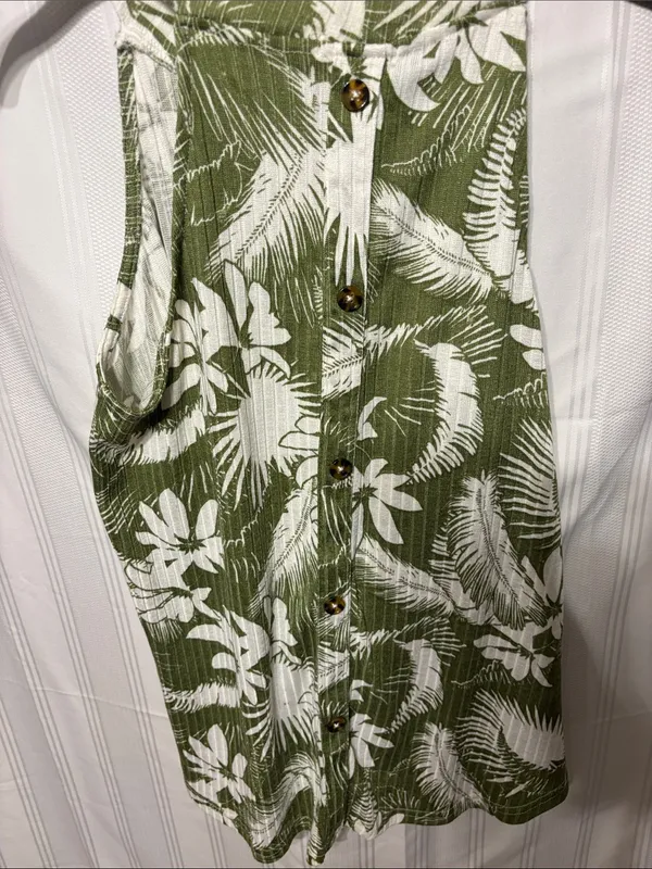 Olive Green Tropical Halter Tank with White Leaf Print Size M - Image 3