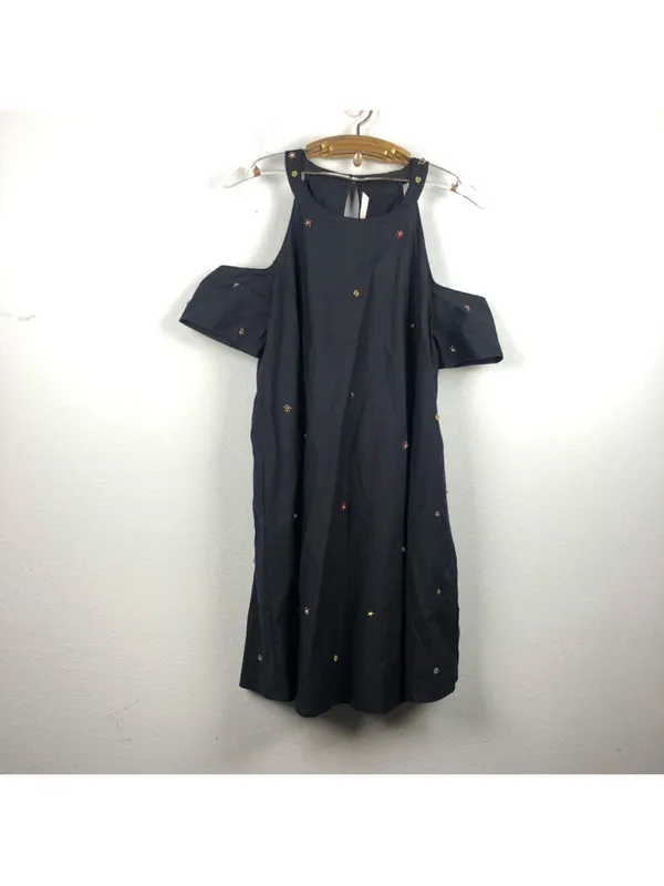 Zara navy blue cold shoulder poplin dress beaded detail XS - Image 4