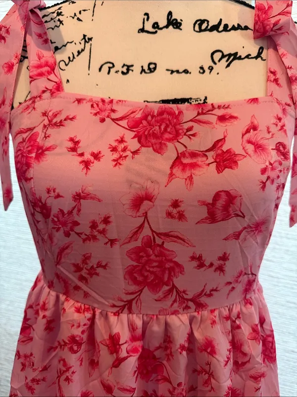 Wenrine Woman’s Tiered Summer Pink Floral Maxi Dress with Tie Straps - Image 11