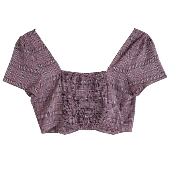 Cotton Candy LA Plaid Square Neck Crop Top Purple Dark Academia Smocked Size M - Image 4