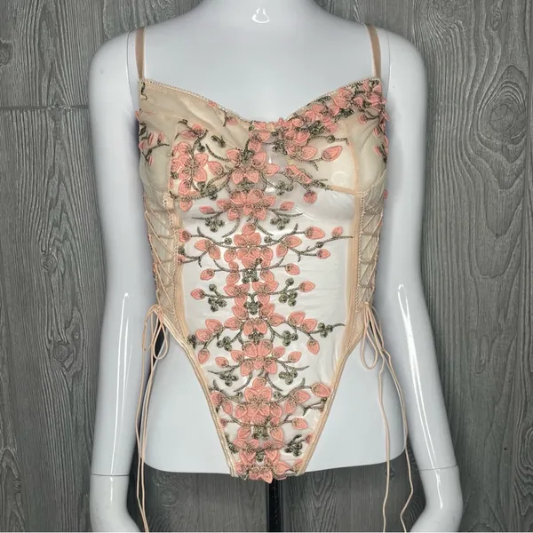Women’s sheer panel floral embroidered appliqué pink lingerie sleepwear large - Image 4