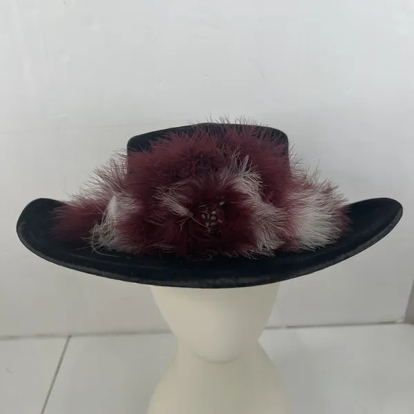 Bailey 7 1/8 Cowboy Hat U-Rollit Feather Trim Vintage Western Black Burgundy - Image 3