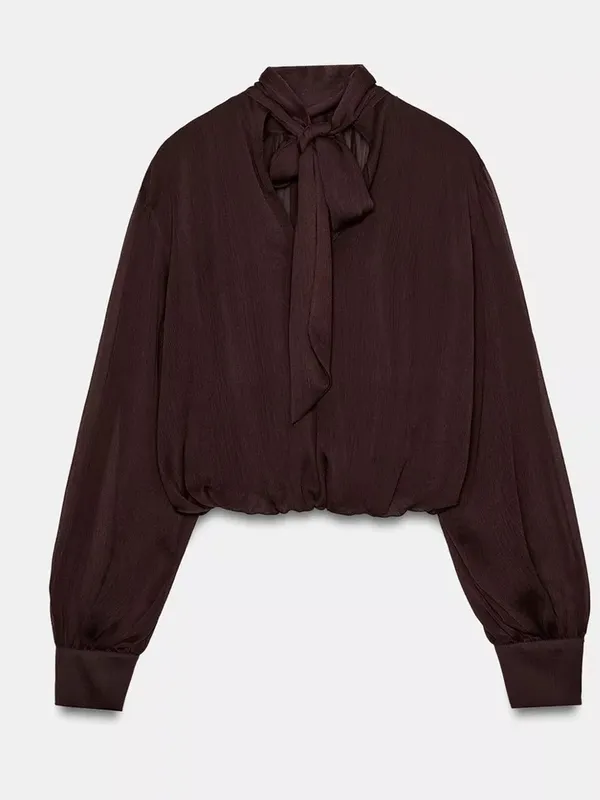 Zara NWT draped High-Neck Long-Sleeve mesh Blouse top Brown - Image 10