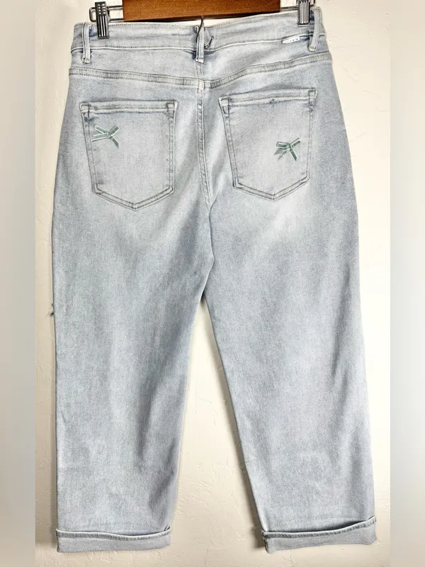 Risen Cassidy High-Rise Barrel Leg Bow Detail Cropped Blue Jeans Size 5/27 - Image 5
