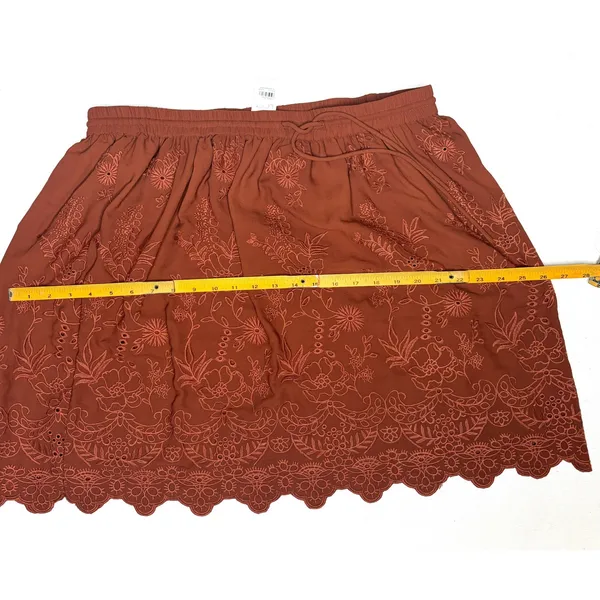 Lottie Rust Brown Eyelet Embroidered Scalloped Mini Skirt Boho Drawstring Waist‎ - Image 7