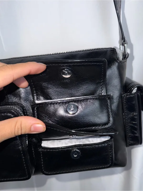 Michael Kors Black Leather Messenger Bag with Front Pocket Details - Image 3