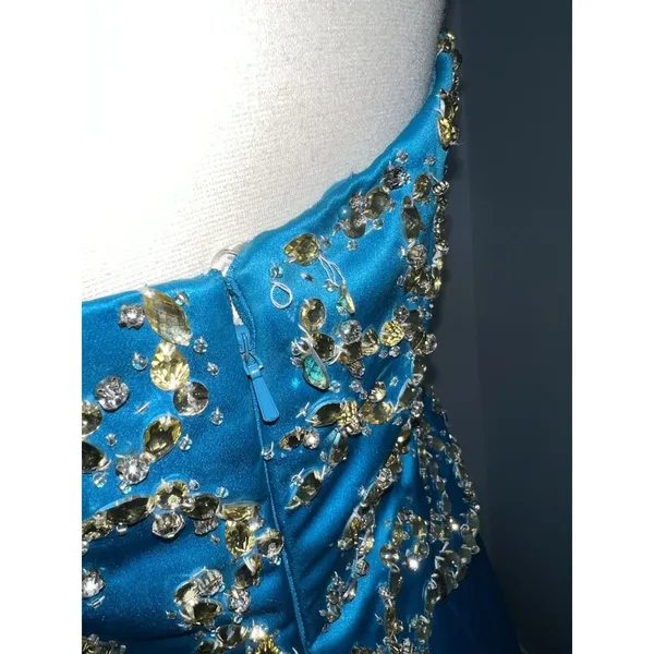 Sherri Hill Strapless Mermaid Style Prom Dress Gown Size 4 Gold Beaded Turquoise - Image 6