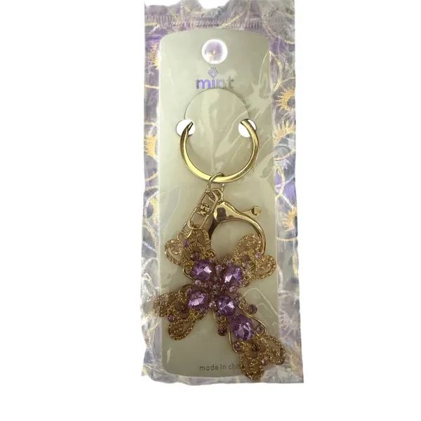 Mint Gold Filigree Purple Rhinestone Cross Bag Tag Key Ring - Image 2