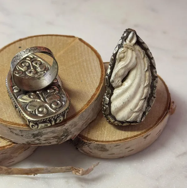 Elegant Horse Hand-carved Bone set in Tibetan Silver, Adjustable Sizing - Image 3