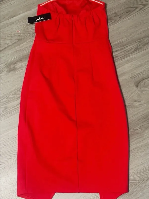 Lulus Strapless Bodycon Dress Sz S Jazzie Red Asymmetrical Hem Wedding Guest - Image 7