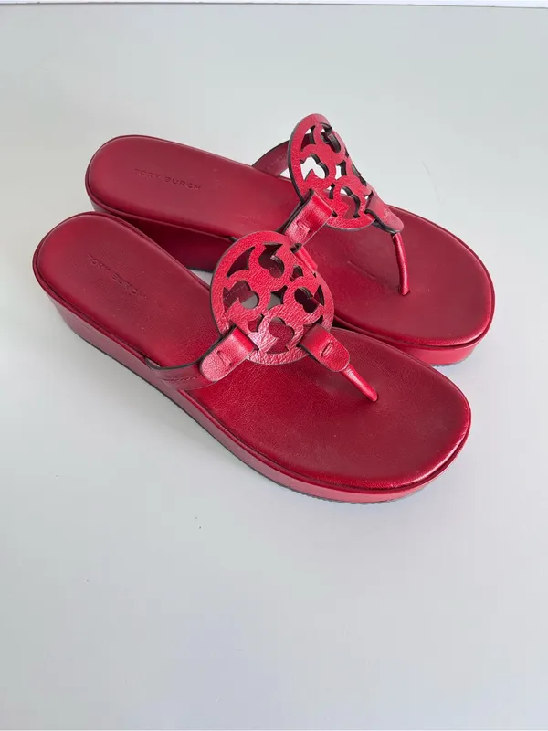 Tory Burch Miller Platform Wedge Sandals Leather Red 8.5 - Image 3