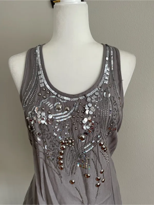 Charming Charlie Grey Sequin & Bead Embellished Tank - Image 2