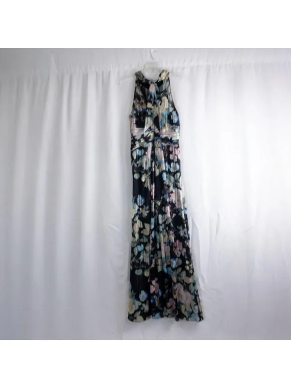 Adrianna Papell Black Floral Halter Maxi Dress Women 8 M - Image 6