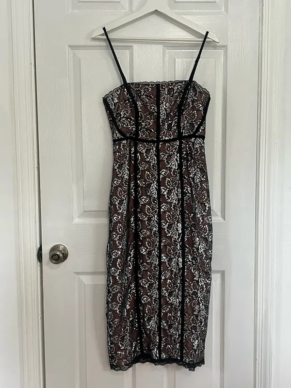 Anthropologie Metallic Floral Lace Midi Dress Cocktail Party Romantic Y2K XS - Image 3