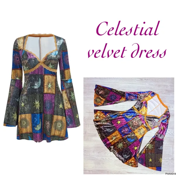 Celestial velvet long belle sleeve midi dress sun moon stars small witchy - Image 2