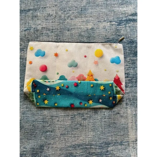 Colorful Trees Clouds Stars Cotton Canvas Small Makeup Bag Travel Toiletry Pouch - Image 2