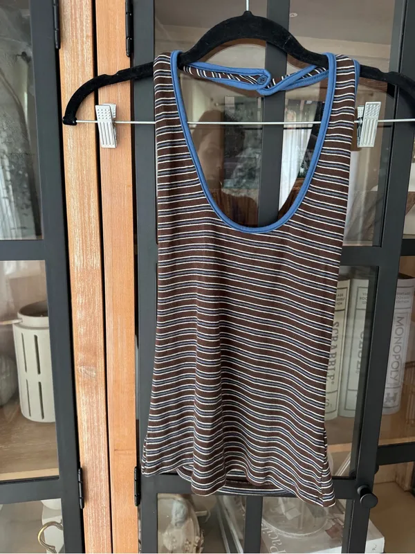 Princess Polly Sugar Talking Halter Top Multi Stripe brown scoop neck open back - Image 2