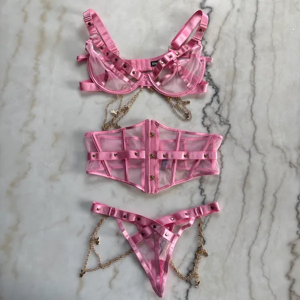 Playboy Charm Waspie 3pc Lingerie Set Pink Bra Corset Thong Gold Bunny Chains - Image 4