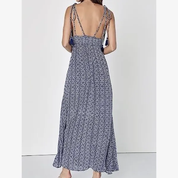 Lulus Maxi Dress Medium NWT Blue White Halter Tie Shoulder Tassel Open Back Boho - Image 5
