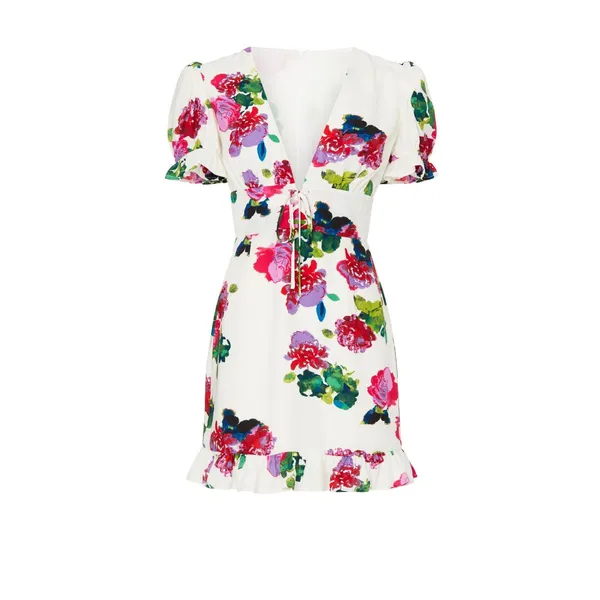Ashley Park White Floral Print Lace Up Corset Ruffle Hem V-Neck Mini Dress 12 - Image 4