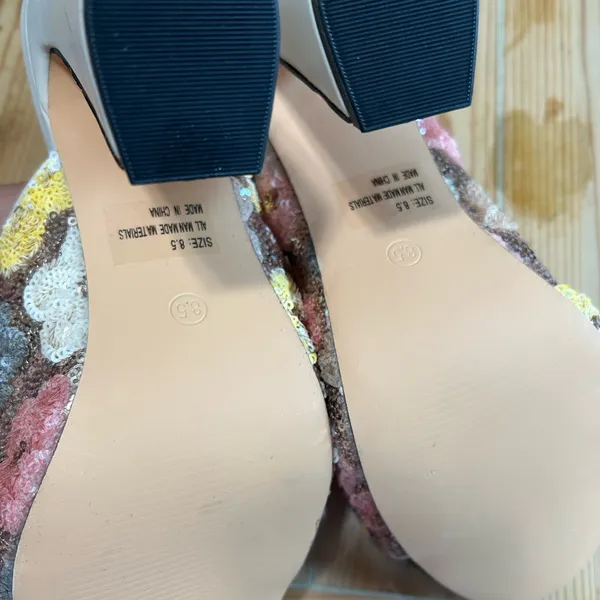 NWOB Lulus Callixta Pink Bone Floral Sequin Slide Heels – Size 8.5 - Image 7