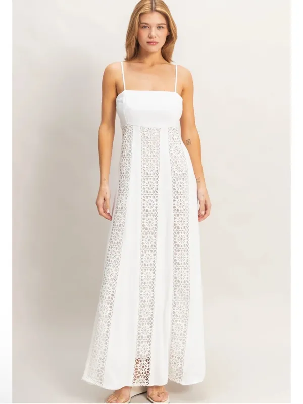 NEW HYFVE White Linen Blend Lace Panel Maxi Dress – Large - Image 6