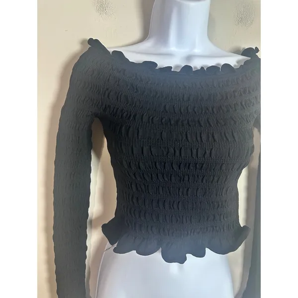 Zara Women Black Smocked Off the Shoulder Long Sleeve Crop Top Size M - Image 2