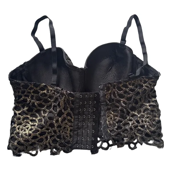 Cleo Womens Black Gold Lace Bustier Crop Top Padded‎ Hook Eye L Whimsigoth - Image 4