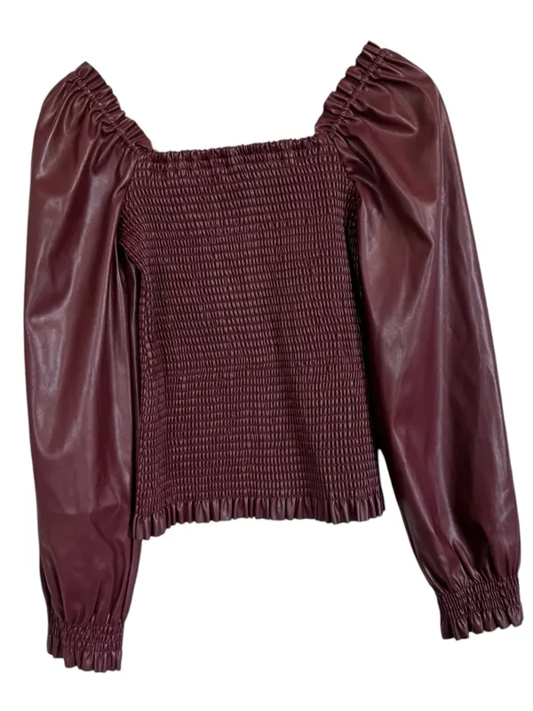 Ever After Faux Leather Smocked Puff Sleeve Top Burgundy Women’s M - Image 3