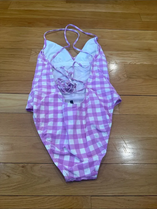 J.Crew one piece lace up back oversized Matte gingham swimsuit size 4. - Image 4