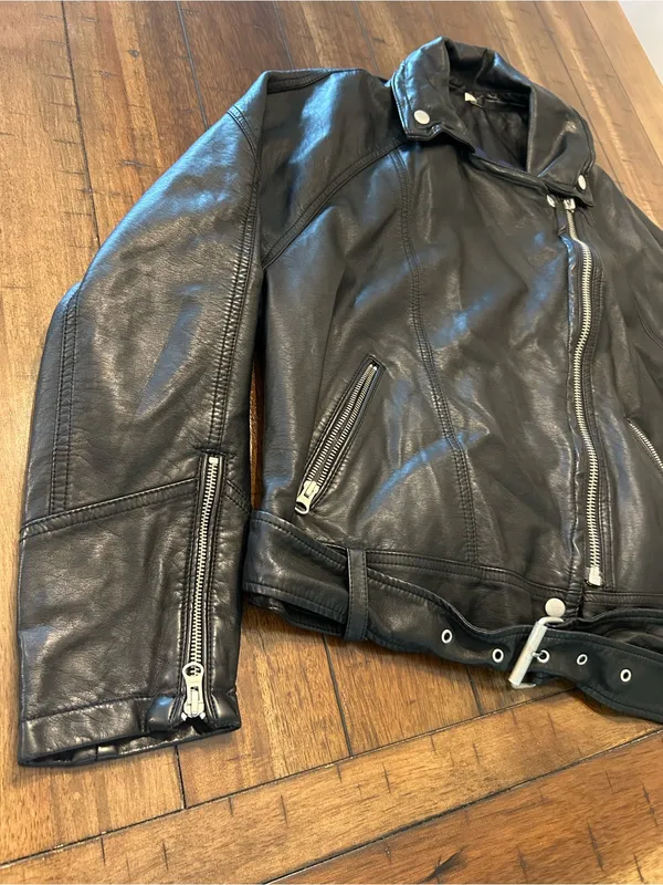 Free People Melanie Moto Jacket XS Black Faux Leather Belted Biker - Image 3