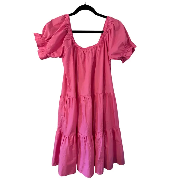 BURU Pink Cotton Puff Sleeve Tiered‎ Square Neck Midi Dress Size S Preppy - Image 2