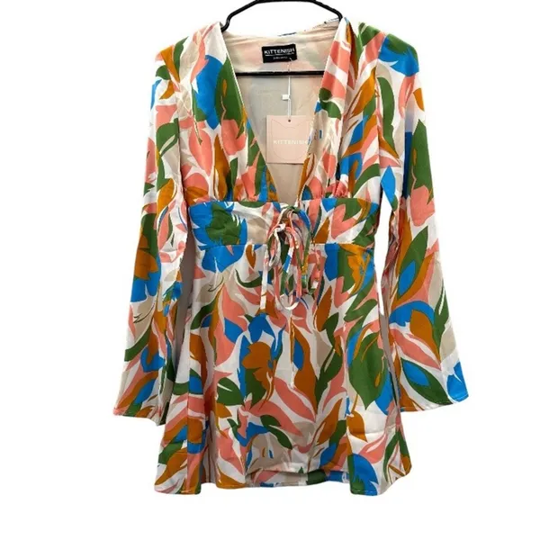 Kittenish Stand Out Multicolor‎ Geometric Print Long Sleeve Mini Dress Size XS - Image 2