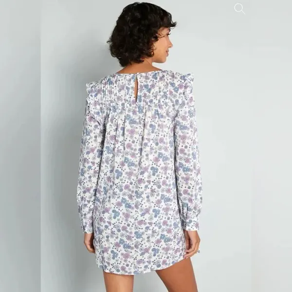 Modcloth Floral Prairie Doll Mini Dress Ruffle Shoulder Purple Blue M NWT - Image 3