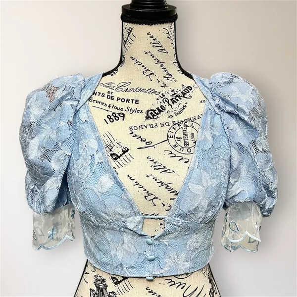 For Love & Lemons Uma Lace Crop Top S Blue Embroidered Puff Sleeve NWT Fairycore - Image 5