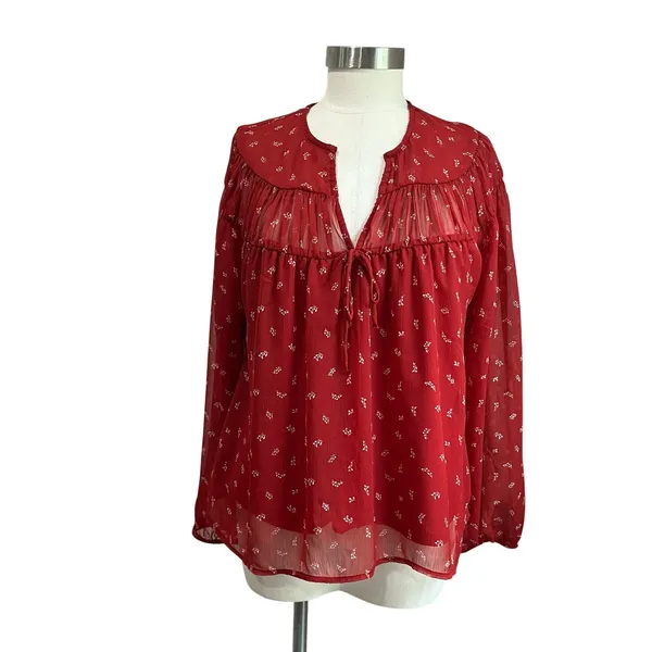 Old Navy Tie Front Red Floral Chiffon Long Sleeve Boho Blouse Sz‎ L - Image 2